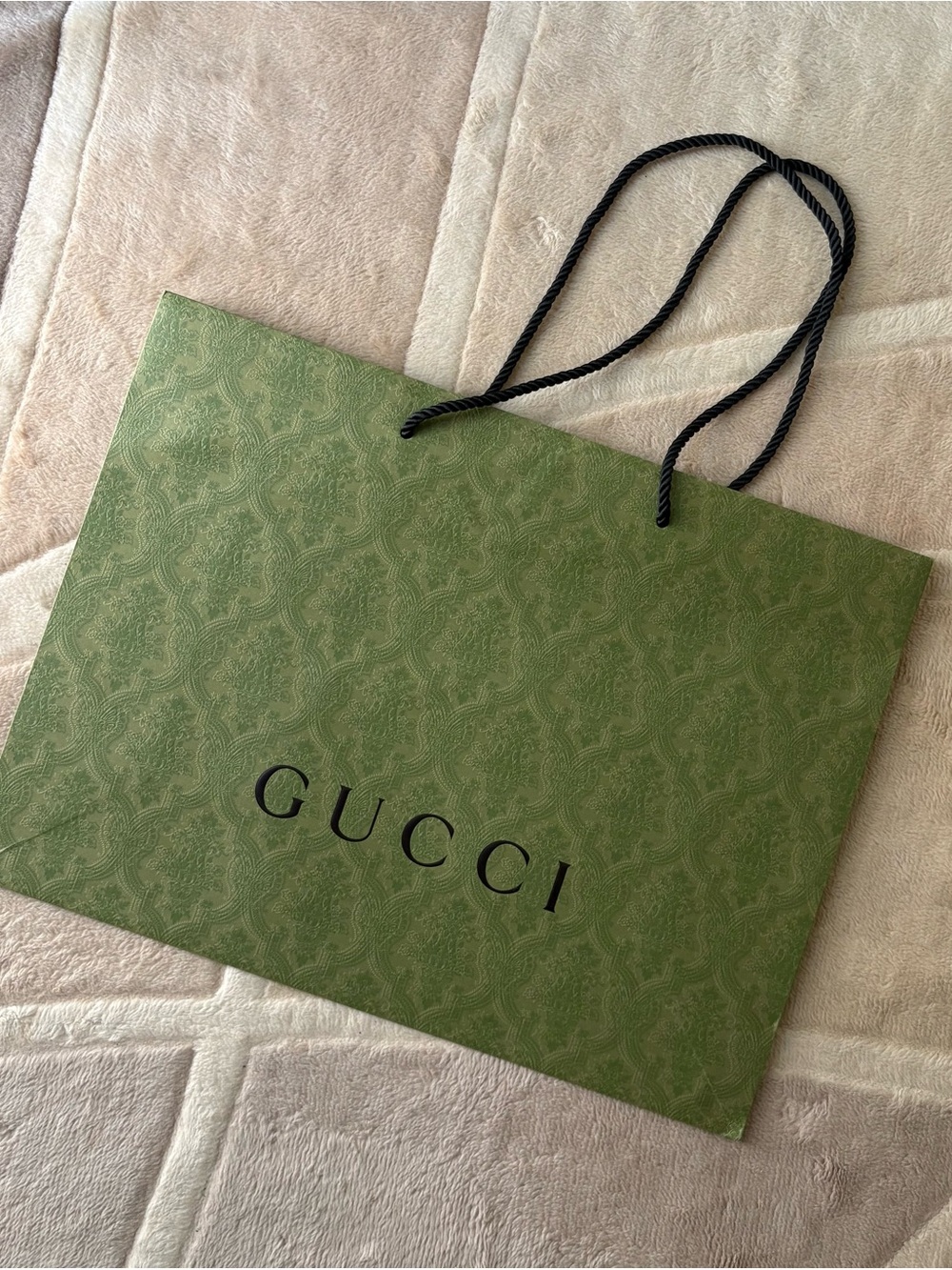 Gucci Olive Green Textured Logo Shopping Bag with Black Rope Handles